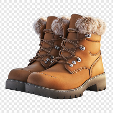 Brown color pair leather boots isolated on transparent background, winter boot, pngの写真素材