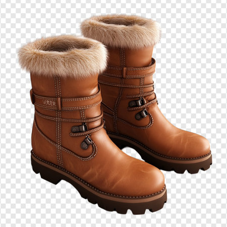Brown color pair leather boots isolated on transparent background, winter boot, pngの写真素材