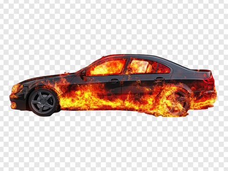A Burning Automobile in Flames Isolated on Transparent Background, Burning Car, PNGの写真素材