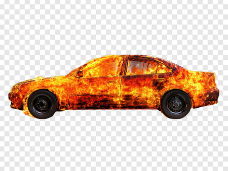 A Burning Automobile in Flames Isolated on Transparent Background, Burning Car, PNGの写真素材
