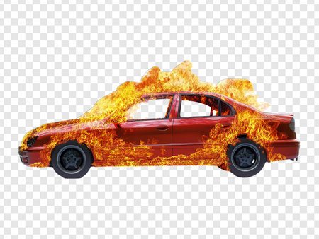 A Burning Automobile in Flames Isolated on Transparent Background, Burning Car, PNGの写真素材