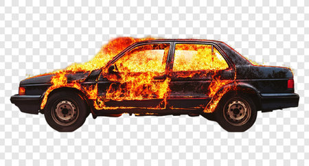 A Burning Automobile in Flames Isolated on Transparent Background, Burning Car, PNGの写真素材