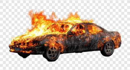 A Burning Automobile in Flames Isolated on Transparent Background, Burning Car, PNGの写真素材