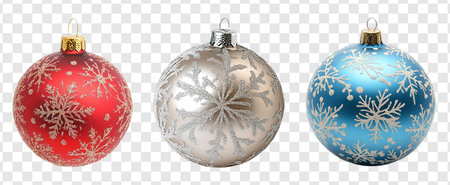 Red, Blue, Silver Christmas Ball Isolated on Transparent Background, Christmas Ball ornamentの写真素材