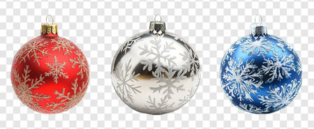 Red, Blue, Silver Christmas Ball Isolated on Transparent Background, Christmas Ball ornamentの写真素材