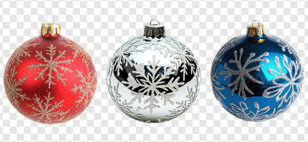 Red, Blue, Silver Christmas Ball Isolated on Transparent Background, Christmas Ball ornamentの写真素材