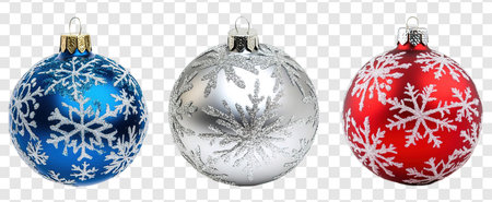 Red, Blue, Silver Christmas Ball Isolated on Transparent Background, Christmas Ball ornamentの写真素材