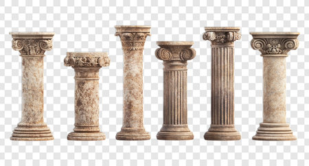 Collection of Columns isolated on transparent background, Ionic collum, Roman Pedestal, ancient columns, antique columns, vintage classic marble columns, pngの写真素材