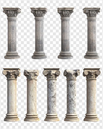 Collection of Columns isolated on transparent background, Ionic collum, Roman Pedestal, ancient columns, antique columns, vintage classic marble columns, pngの写真素材