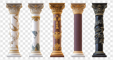 Collection of Columns isolated on transparent background, Ionic collum, Roman Pedestal, ancient...