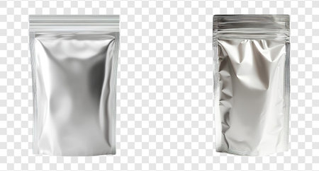 White Stand-Up Pouch Mockup, Aluminum Foil Powder Packaging, Blank Sachet Packet on Transparent Background (PNG)の写真素材