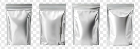 White Stand-Up Pouch Mockup, Aluminum Foil Powder Packaging, Blank Sachet Packet on Transparent Background (PNG)の写真素材