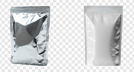 White Stand-Up Pouch Mockup, Aluminum Foil Powder Packaging, Blank Sachet Packet on Transparent Background (PNG)の写真素材