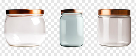 Empty glass jars with different shapes with gold lids isolated on transparent backgroundの写真素材