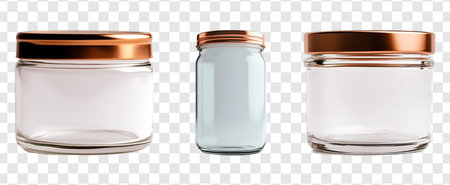 Empty glass jars with different shapes with gold lids isolated on transparent backgroundの写真素材