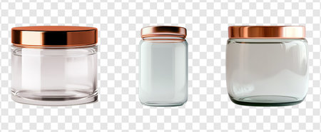 Empty glass jars with different shapes with gold lids isolated on transparent backgroundの写真素材