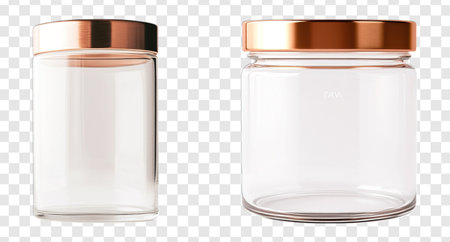 Empty glass jars with different shapes with gold lids isolated on transparent backgroundの写真素材