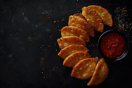 Freshly Baked Empanadas Arranged in a Semi-Circle with Vibrant Chimichurri Sauce on a Black...