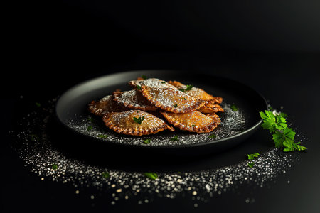 Freshly Baked Empanadas Arranged in a Semi-Circle with Vibrant Chimichurri Sauce on a Black...