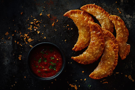 Freshly Baked Empanadas Arranged in a Semi-Circle with Vibrant Sauce on a Black Backgroundの写真素材