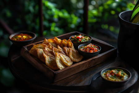 Freshly Baked Empanadas Arranged in a Semi-Circle on a Black Backgroundの写真素材
