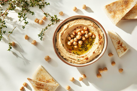 Rich and Creamy Hummus Bowl Highlighted with Olive Oil, Paprika, and Parsley on Pristine White...
