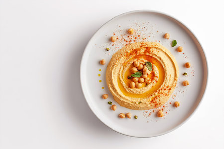 Studio Food Photography of Gourmet Hummus Spread Garnished with Tahini and Paprika for a Modern Aestheticの写真素材