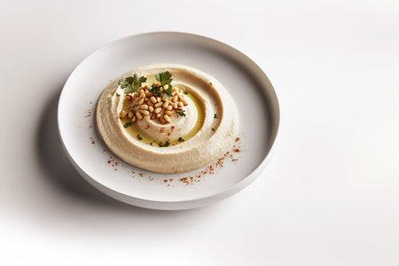 Studio Food Photography of Gourmet Hummus Spread Garnished with Tahini and Paprika for a Modern Aestheticの写真素材