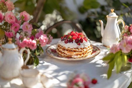 Charming Sunlit Brunch Scene Waffles, Whipped Cream, and Berries Surrounded by Blooming Flowersの写真素材
