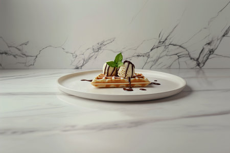 Hyper-Realistic 3D Render of Belgian Waffles with Vanilla Scoops and Chocolate Sauce in a Sophisticated Settingの写真素材