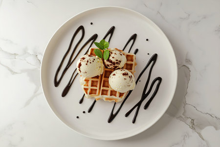 Hyper-Realistic 3D Render of Belgian Waffles with Vanilla Scoops and Chocolate Sauce in a Sophisticated Settingの写真素材