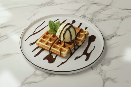 Hyper-Realistic 3D Render of Belgian Waffles with Vanilla Scoops and Chocolate Sauce in a Sophisticated Settingの写真素材