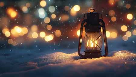 Charming Winter Night Lantern Illuminating Snow-Covered Trees with Warm Flames