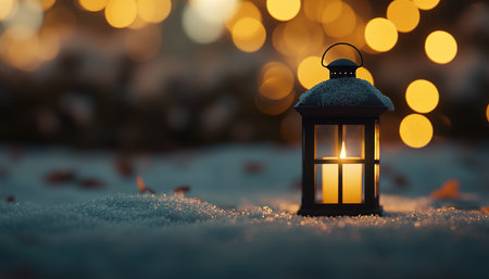 Charming Winter Night Lantern Illuminating Snow-Covered Trees with Warm Flamesの写真素材