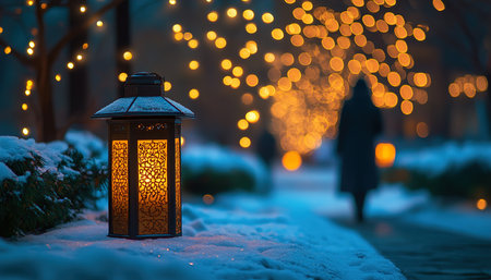 Charming Winter Night Lantern Illuminating Snow-Covered Trees with Warm Flamesの写真素材