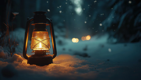 Charming Winter Night Lantern Illuminating Snow-Covered Trees with Warm Flamesの写真素材