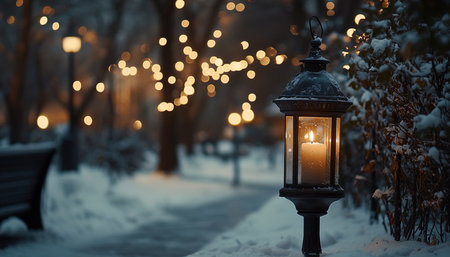 Charming Winter Night Lantern Illuminating Snow-Covered Trees with Warm Flamesの写真素材