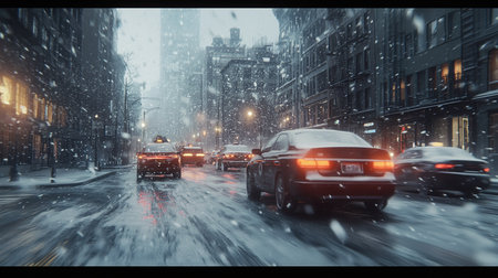 Car Navigating a Snowy Street with Tall Buildings and Traffic Lights on a Winter Nightの写真素材