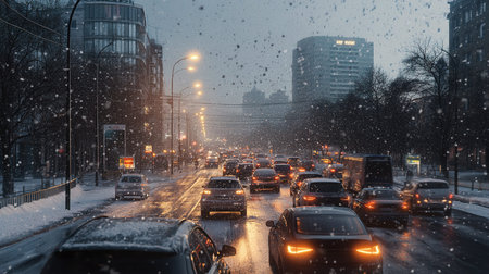 Car Navigating a Snowy Street with Tall Buildings and Traffic Lights on a Winter Night