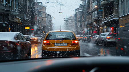 Car Navigating a Snowy Street with Tall Buildings and Traffic Lights on a Winter Nightの写真素材