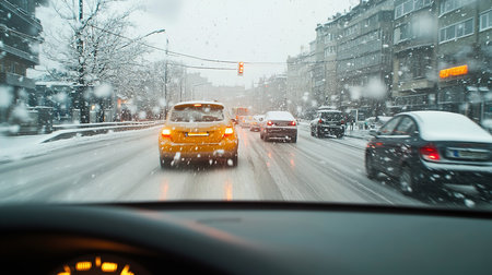 Car Navigating a Snowy Street with Tall Buildings and Traffic Lights on a Winter Nightの写真素材