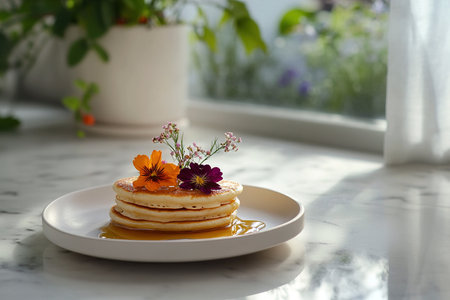Minimalist Pancake Breakfast with Edible Flowers and Honey in a Serene Morning Settingの写真素材