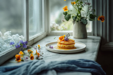 Minimalist Pancake Breakfast with Edible Flowers and Honey in a Serene Morning Settingの写真素材