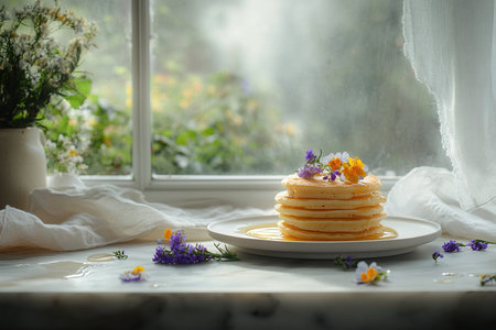 Minimalist Pancake Breakfast with Edible Flowers and Honey in a Serene Morning Settingの写真素材