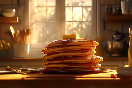 Fluffy Pancakes Drenched in Syrup with Rising Steam on a Rustic Diner Counterの写真素材