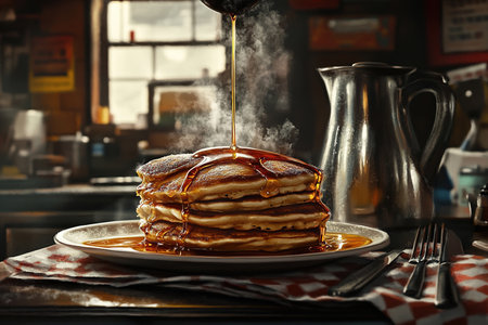 Fluffy Pancakes Drenched in Syrup with Rising Steam on a Rustic Diner Counterの写真素材