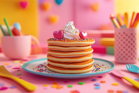 Fluffy Pancakes with Melted Chocolate and Strawberries in a Warm Breakfast Illustrationの写真素材