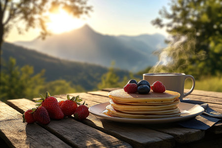Photorealistic Pancakes and Strawberries on a Table Overlooking a Serene Mountain Morningの写真素材