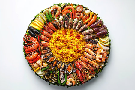 Deconstructed Paella Artfully Arranged with Vibrant Ingredients on a Minimalist White Backgroundの写真素材