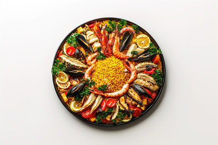 Deconstructed Paella Artfully Arranged with Vibrant Ingredients on a Minimalist White Backgroundの写真素材